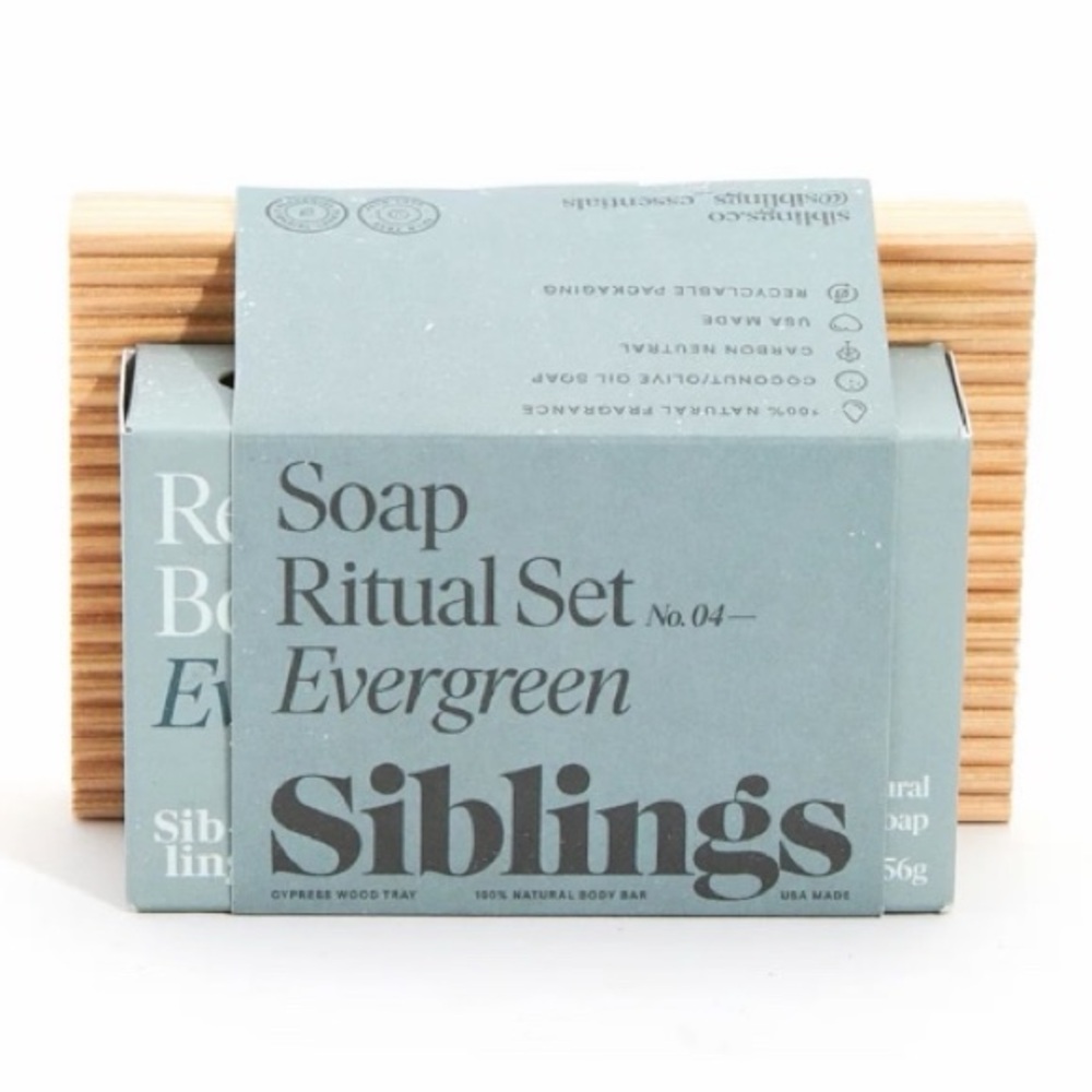 Siblings Soap Ritual Set Evergreen With Cypress Wood Soap Tray NWT